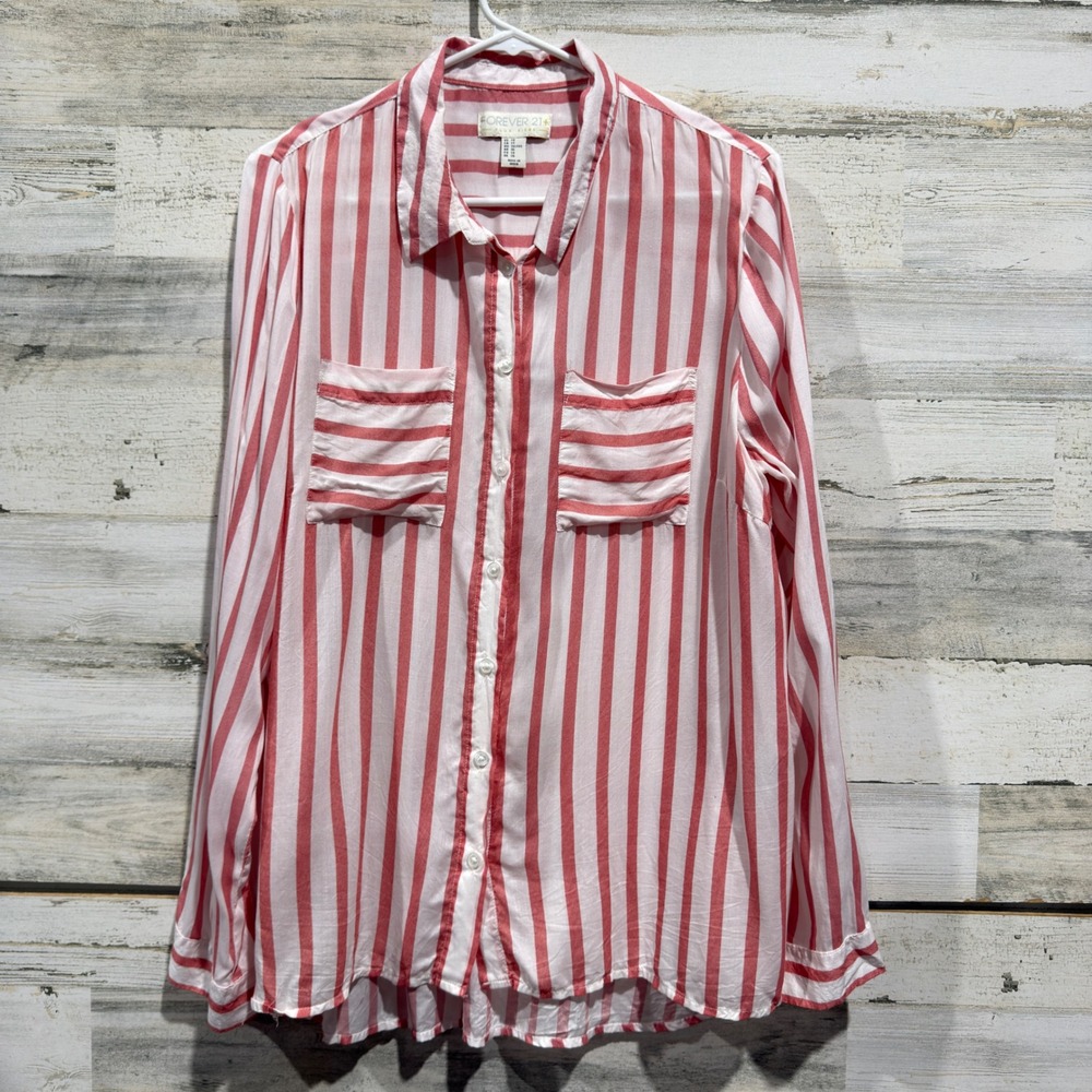 Forever 21 Striped Button Down Shirt Women 1X Red White 100% Rayon Casual EUC